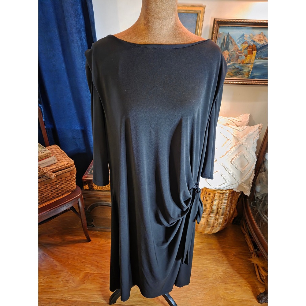Kiara Black Side Tie Knot Draped Midi Dress XXL 3/4 Sleeve Boat Neck SCWK183